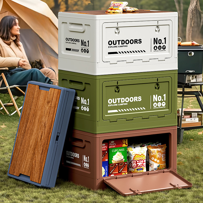 Outdoor Camping Bin - Camping Folding Storage Box, Wooden Cover