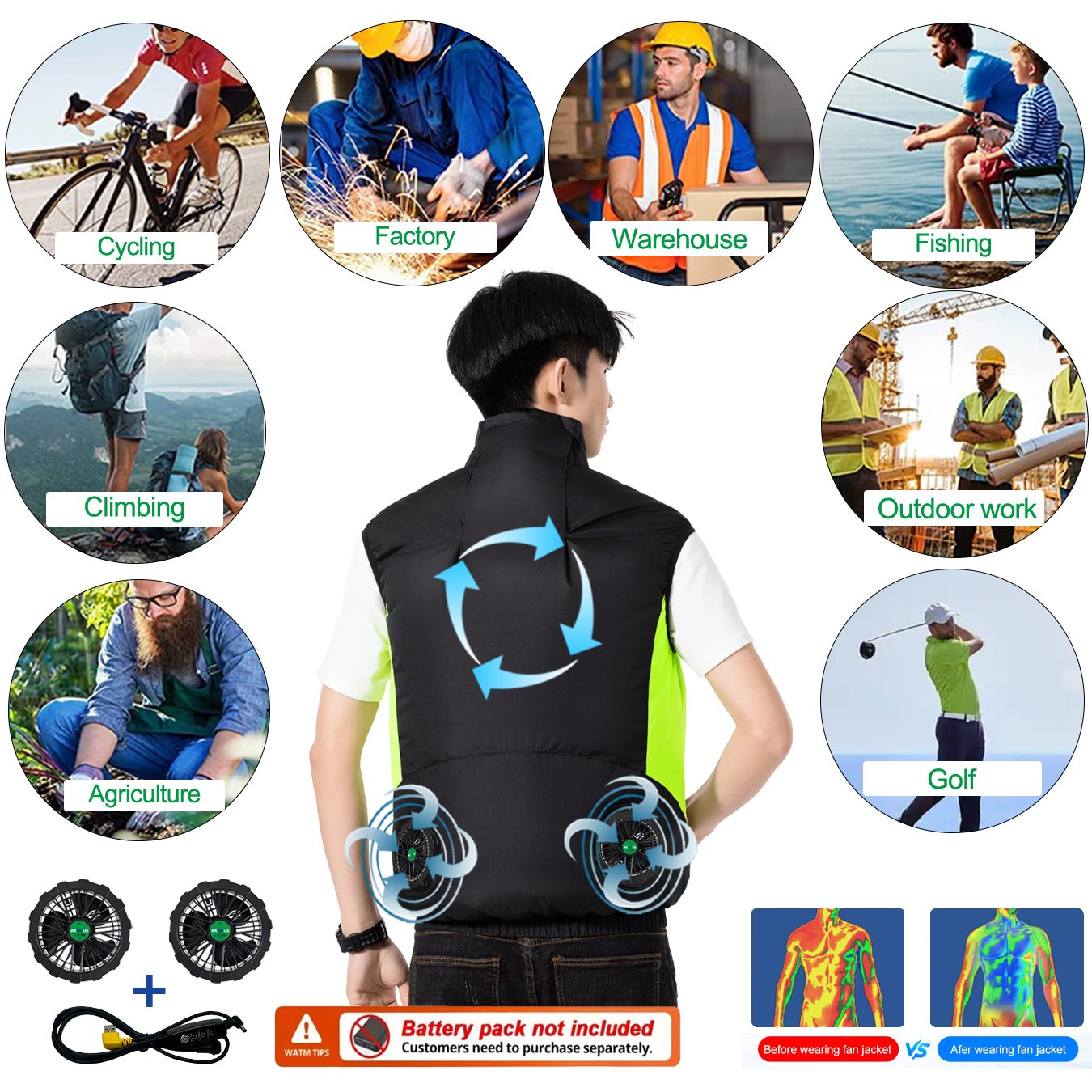 12V 5V USB Cooling Fan Vest Me - Outdoor Camping Air Conditioner ulasan dan harga
